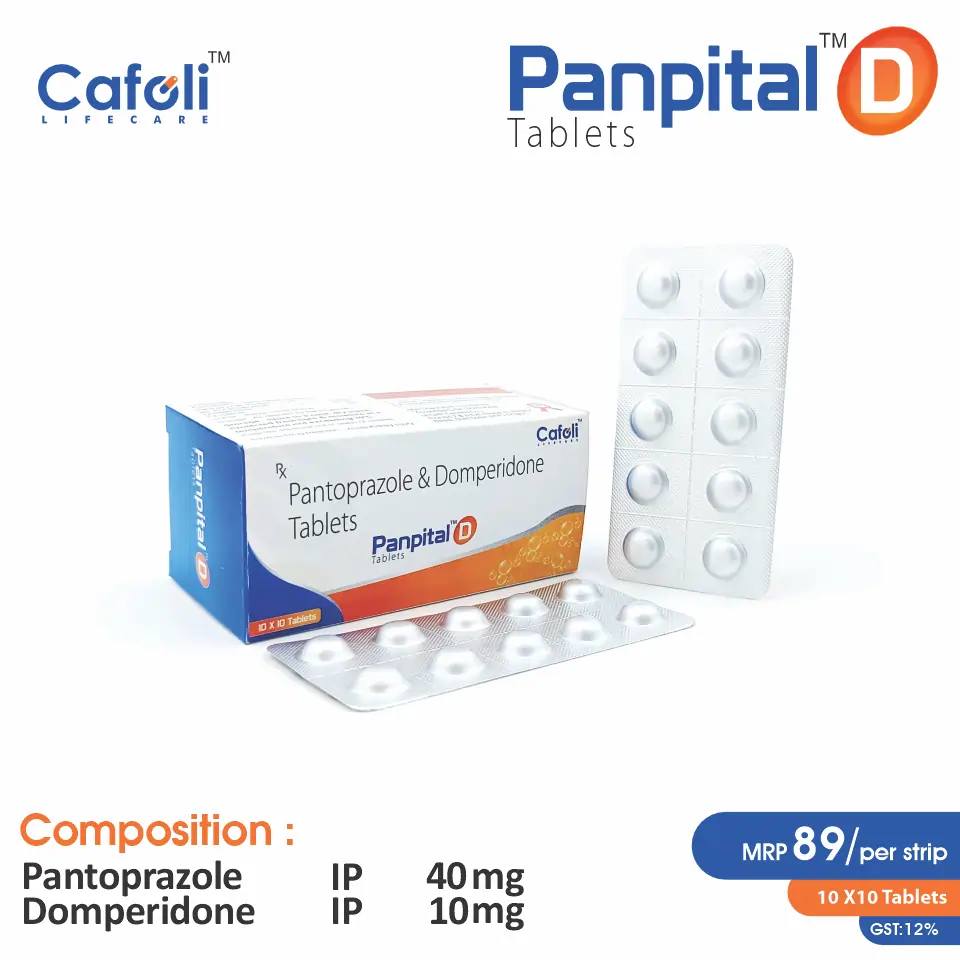 Domperidone (10mg) + Pantoprazole (40mg) Panpital D Tablet at best price in PCD Pharma Franchise for nausea relief and acid reduction.